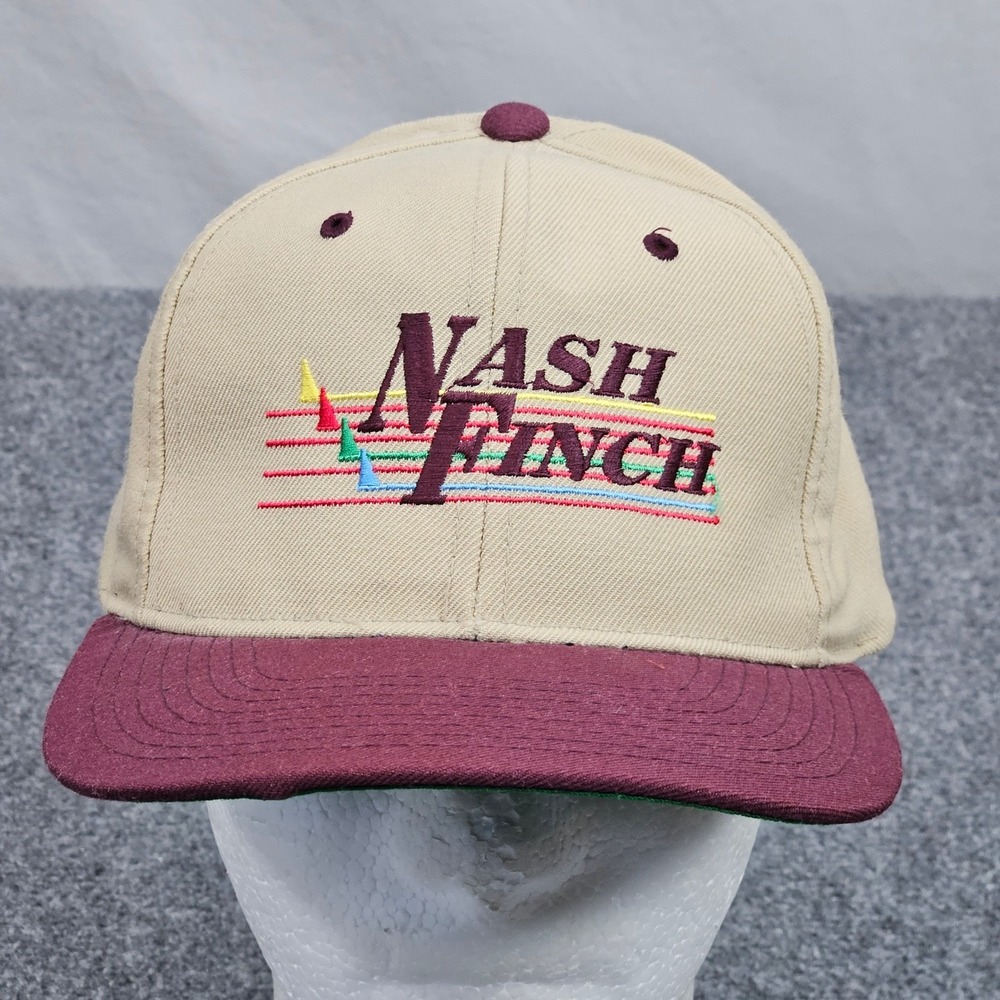 Vintage 90s Nash Finch Snapback Hat One Size Tan Maroon Logo Cap Embroidered